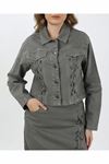Denim Jacket and Skirt with Lace-Up Detail – Khaki