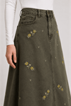 Long Denim Skirt with Floral Embroidery Detail – Blue