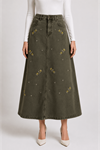 Long Denim Skirt with Floral Embroidery Detail – Blue