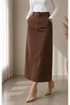 Gabardine Skirt with Pocket Detail and Belt Buckle, Brown