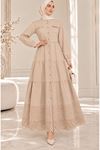 Laced Natural Fabric Button-Down Dress Dark Beige
