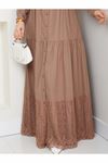 Laced Natural Fabric Buttoned Dress in Mink