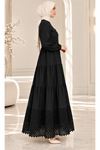Laced Natural Fabric Button-Down Dress Black