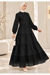 Laced Natural Fabric Button-Down Dress Black