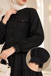 Laced Natural Fabric Button-Down Dress Black