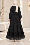 Laced Natural Fabric Button-Down Dress Black