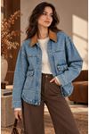 VELVET COLLAR DENIM JACKET Light Blue
