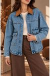 VELVET COLLAR DENIM JACKET Light Blue