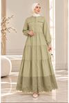 Laced Natural Fabric Button-Down Dress Light Green
