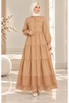 Laced Natural Fabric Button-Down Dress in Camel