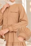 Laced Natural Fabric Button-Down Dress in Camel