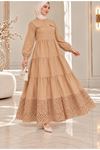 Laced Natural Fabric Button-Down Dress in Camel