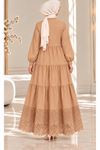 Laced Natural Fabric Button-Down Dress in Camel