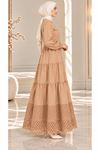 Laced Natural Fabric Button-Down Dress in Camel